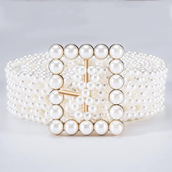 Women’s Pearl Belt Elastic Wedding Sash Crystal Beaded Waist Chain Dress Accesso - Picture 4 of 6